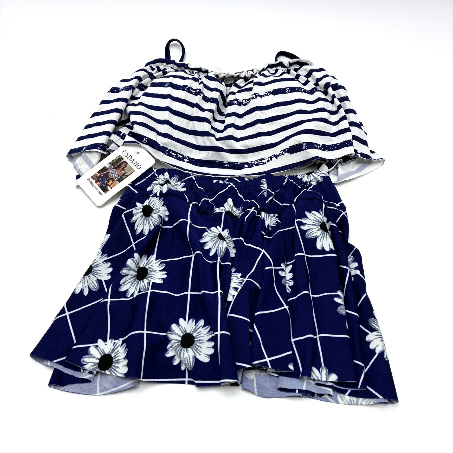 CSDAJIO  Bathing Costumes Women's 2-Piece Summer Outfit, Off-Shoulder Striped Crop Top & Daisy Print Skirt Set, Casual Beachwear