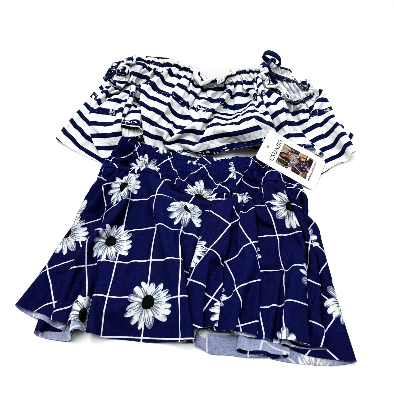 CSDAJIO  Bathing Costumes Women's 2-Piece Summer Outfit, Off-Shoulder Striped Crop Top & Daisy Print Skirt Set, Casual Beachwear