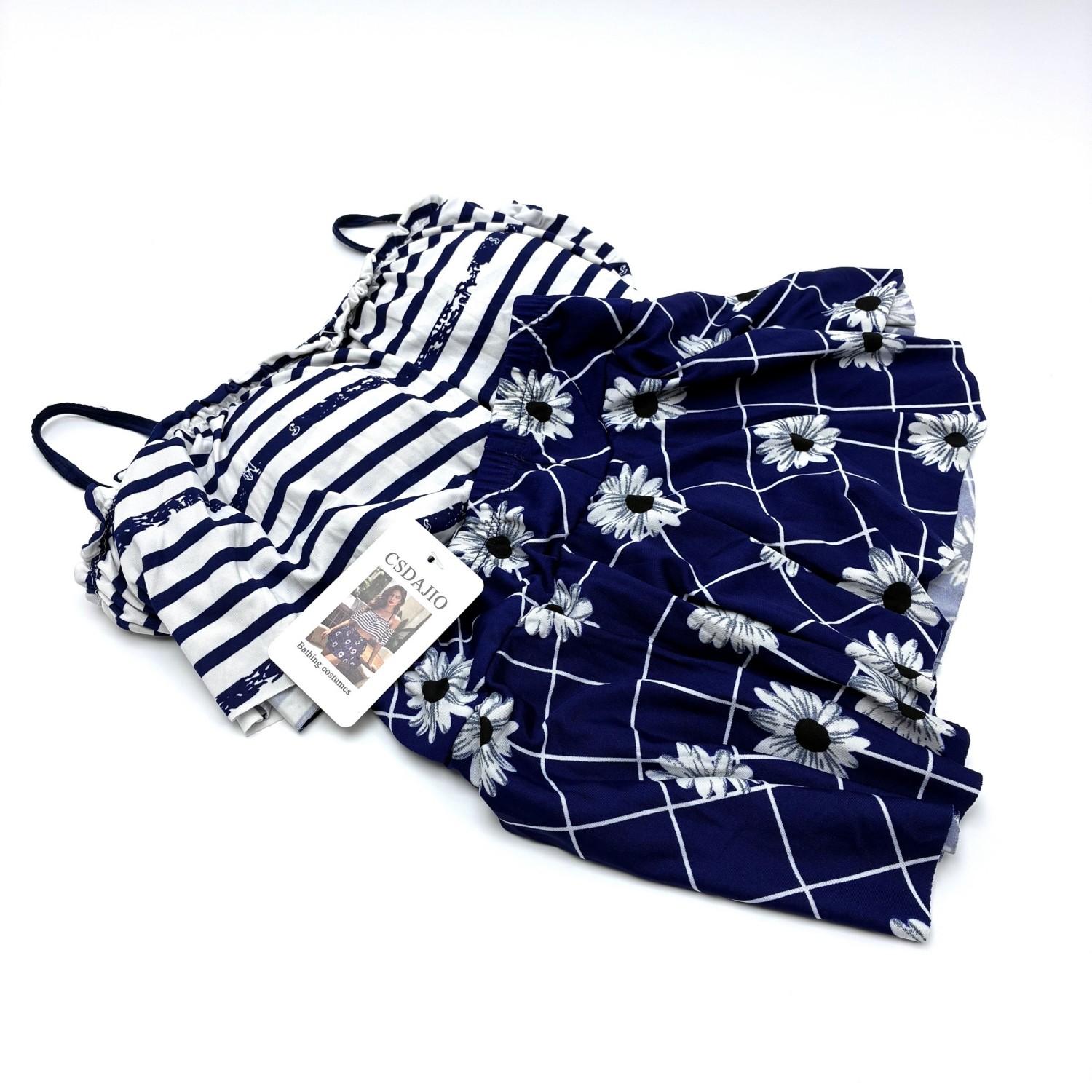CSDAJIO  Bathing Costumes Women's 2-Piece Summer Outfit, Off-Shoulder Striped Crop Top & Daisy Print Skirt Set, Casual Beachwear