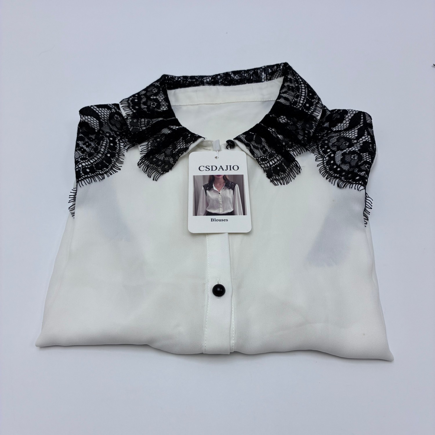 CSDAJIO Blouses Women’s White Button-Down Blouse, Black Lace Collar Long Sleeve Elegant Office Top