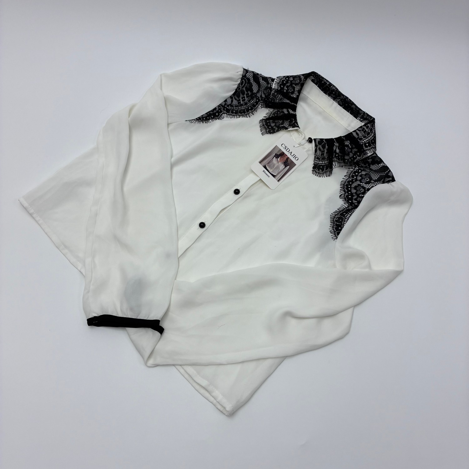 CSDAJIO Blouses Women’s White Button-Down Blouse, Black Lace Collar Long Sleeve Elegant Office Top