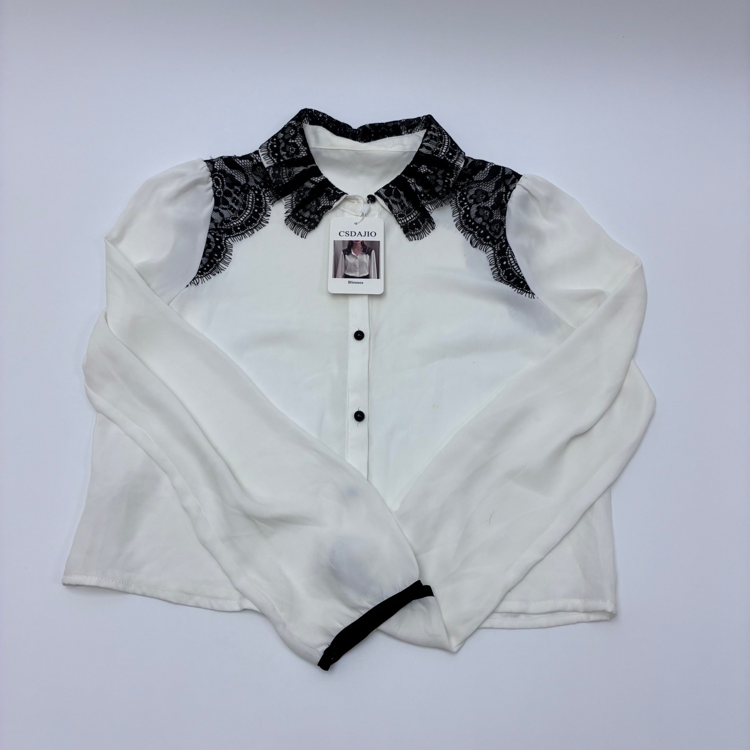 CSDAJIO Blouses Women’s White Button-Down Blouse, Black Lace Collar Long Sleeve Elegant Office Top