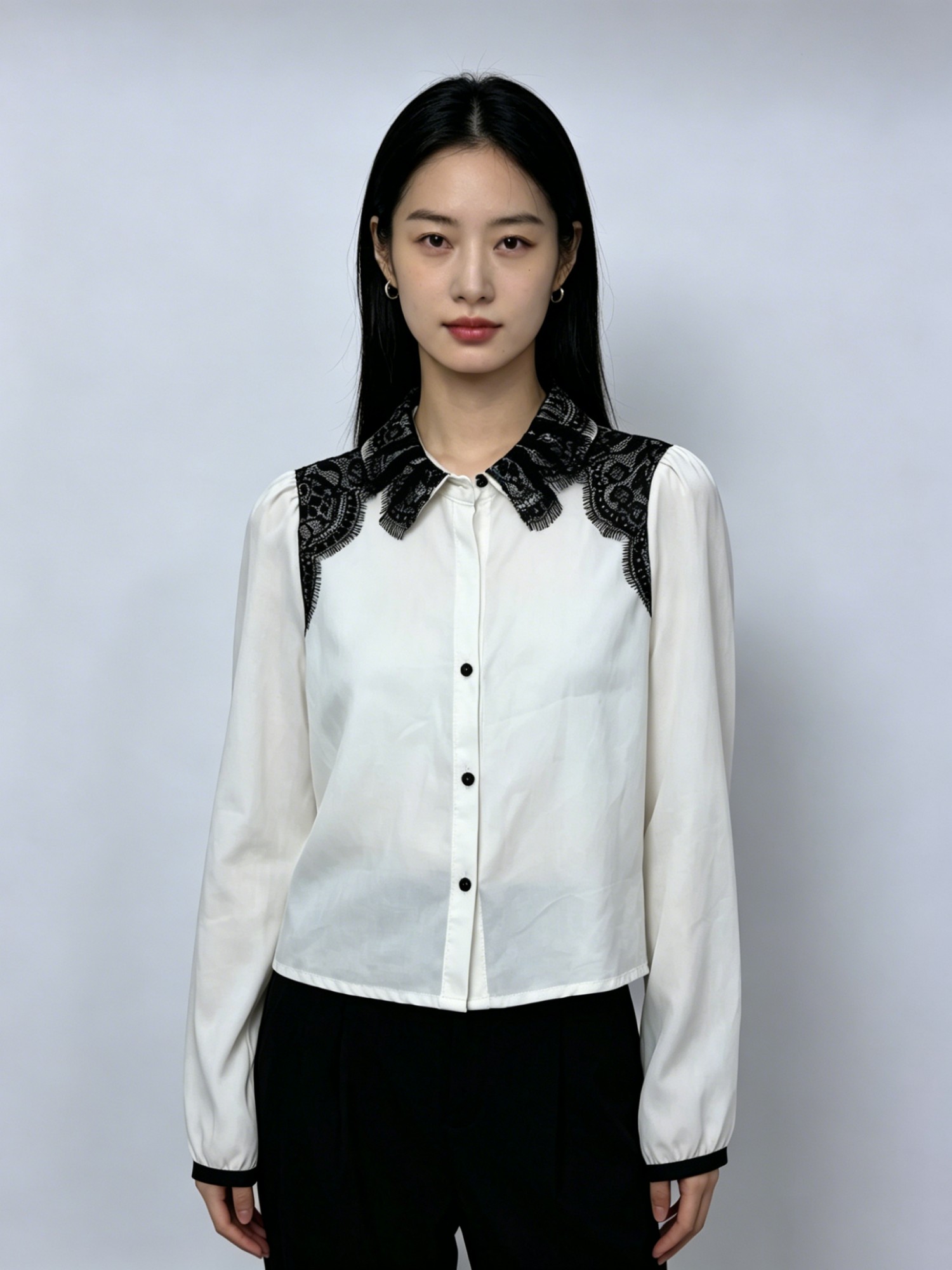 CSDAJIO Blouses Women’s White Button-Down Blouse, Black Lace Collar Long Sleeve Elegant Office Top