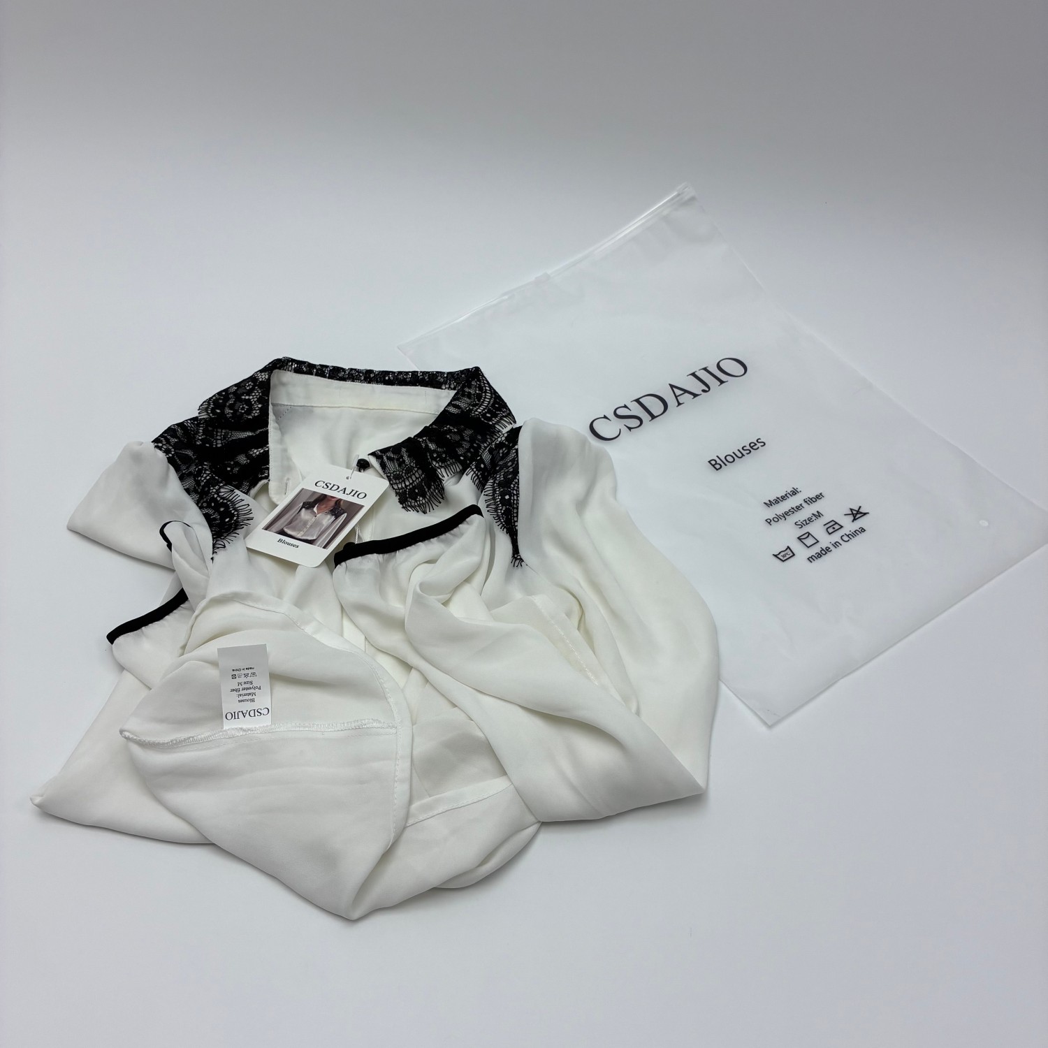 CSDAJIO Blouses Women’s White Button-Down Blouse, Black Lace Collar Long Sleeve Elegant Office Top