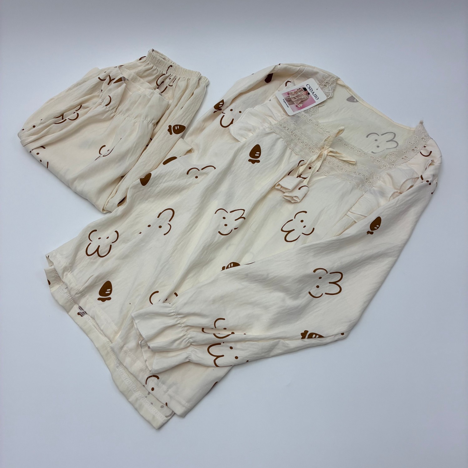 CSDAJIO Nightwear Women’s Cute Floral Print Pajama Set, Long Sleeve Lace Trim Sleepwear, Soft Cotton Loungewear with Ruffled Details