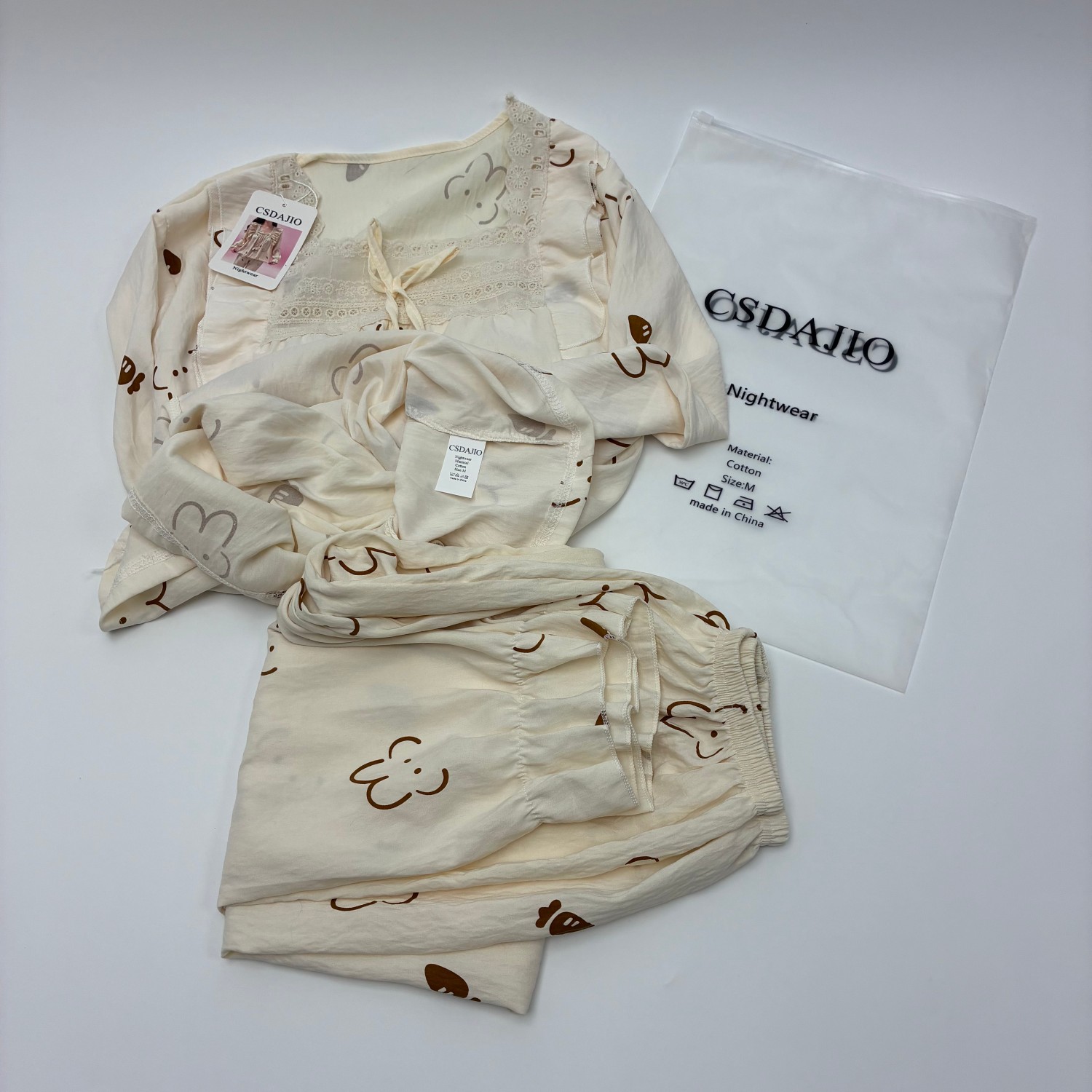 CSDAJIO Nightwear Women’s Cute Floral Print Pajama Set, Long Sleeve Lace Trim Sleepwear, Soft Cotton Loungewear with Ruffled Details