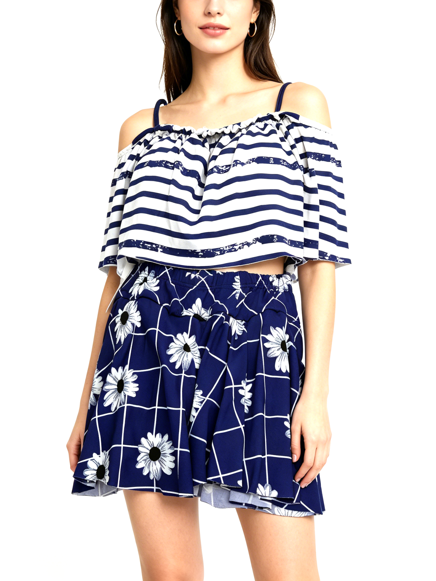 CSDAJIO  Bathing Costumes Women's 2-Piece Summer Outfit, Off-Shoulder Striped Crop Top & Daisy Print Skirt Set, Casual Beachwear